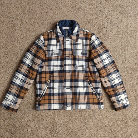 Abercrombie Jacket Mens Medium Brown Plaid Full Zip Outdoors Wool Puffer Coat - Picture 2 of 15